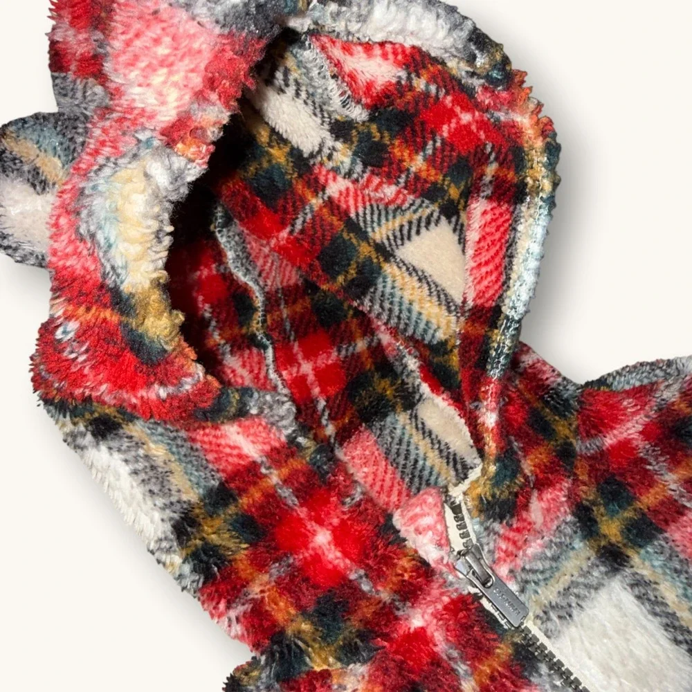 Old Navy Toddler Fleece Red Green Plaid Bear Ear Hooded‎ Jacket Zip Up Size 5T